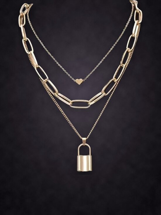 Jewelry - Gold Tone Padlock Pendant Necklace, Gold Plated Chain, Layered Look NWT